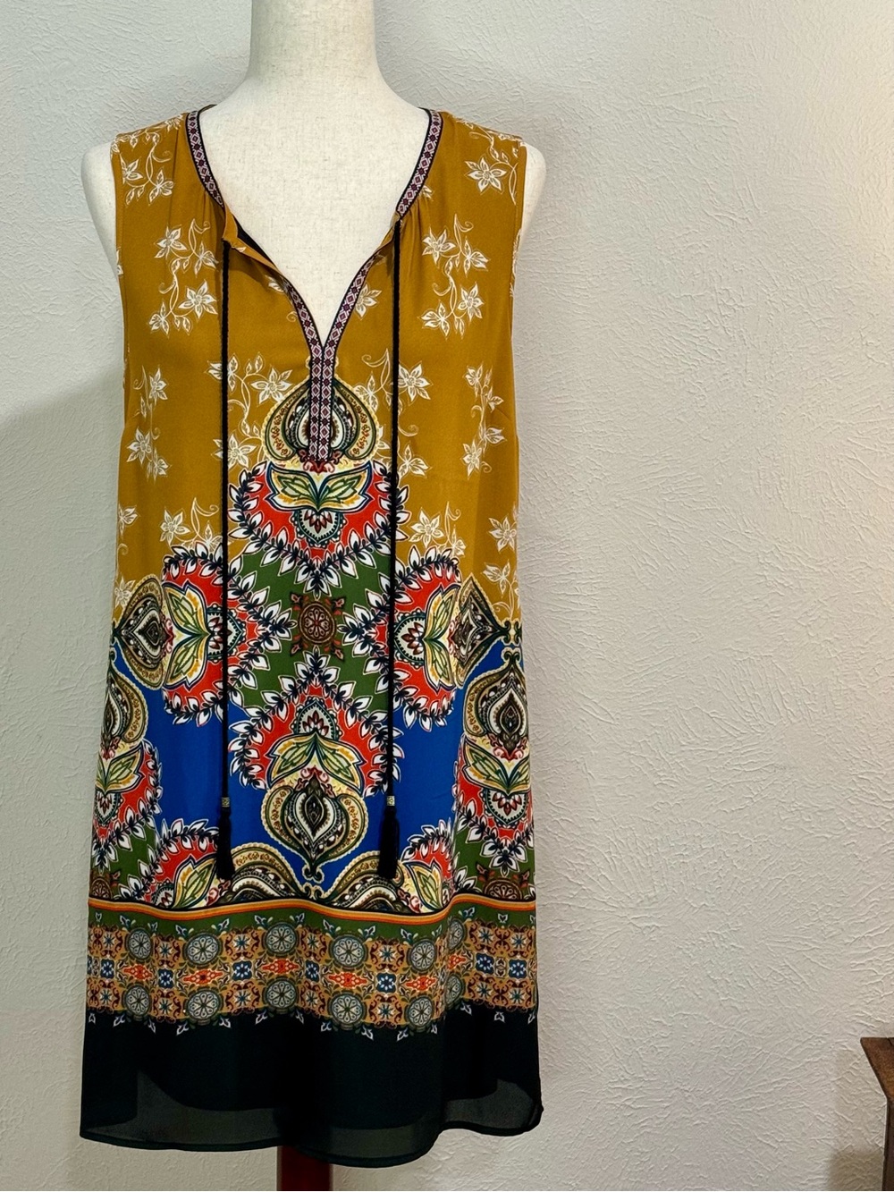 DR2 Sleeveless Boho Print Tunic Dress in Mustard Multicolored Print